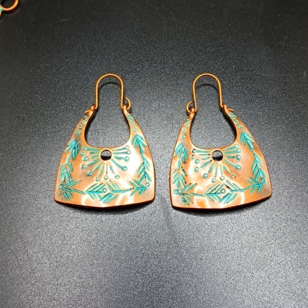 BRONZE turquoise tribal engraved earrings boho ethnic design